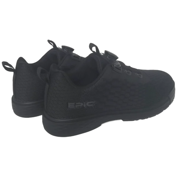 Pair of Epic Odin Dial Black Knit right hand bowling shoes from the rear three-quarter angle, showing the Epic logo on the heel and the pull tabs.