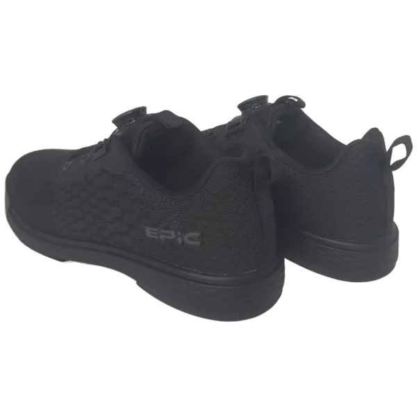 Pair of Epic Odin Dial Black Knit right hand bowling shoes from the rear three-quarter angle on the opposite side, showing the Epic logo.