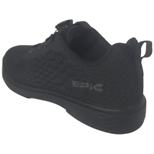 Epic Odin Dial Black Knit right hand bowling shoe from the rear three-quarter angle, showing the Epic logo and the heel pull tab.