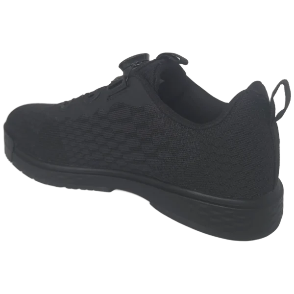 Low-angle side profile of an Epic Odin Dial Black Knit right hand bowling shoe, showing the black outsole and the knit upper.