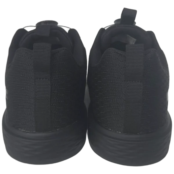 Pair of Epic Odin Dial Black Knit right hand bowling shoes from behind, showing both heels and pull tabs.