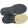 Bottoms of a pair of Epic Odin Dial Black Knit right hand bowling shoes: the right shoe has a rubber traction sole with an Epic tread, the left shoe has a B-3 slide sole.