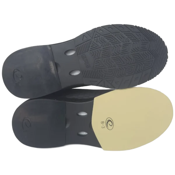 Bottoms of a pair of Epic Odin Dial Black Knit right hand bowling shoes: the right shoe has a rubber traction sole with an Epic tread, the left shoe has a B-3 slide sole.
