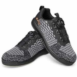 Pair of Epic Odin Dial Charcoal Knit right hand bowling shoes stacked, showing the charcoal and grey knit upper, the single dial closure and the orange Epic logo.