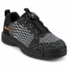 Epic Odin Dial Charcoal Knit right hand bowling shoe from the front three-quarter angle, showing the dial closure and cable lacing over the knit upper.