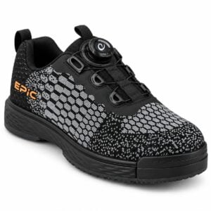 Epic Odin Dial Charcoal Knit right hand bowling shoe from the front three-quarter angle, showing the dial closure and cable lacing over the knit upper.