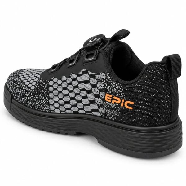 Side profile of an Epic Odin Dial Charcoal Knit right hand bowling shoe facing right, showing the geometric charcoal and grey knit and the orange Epic logo.