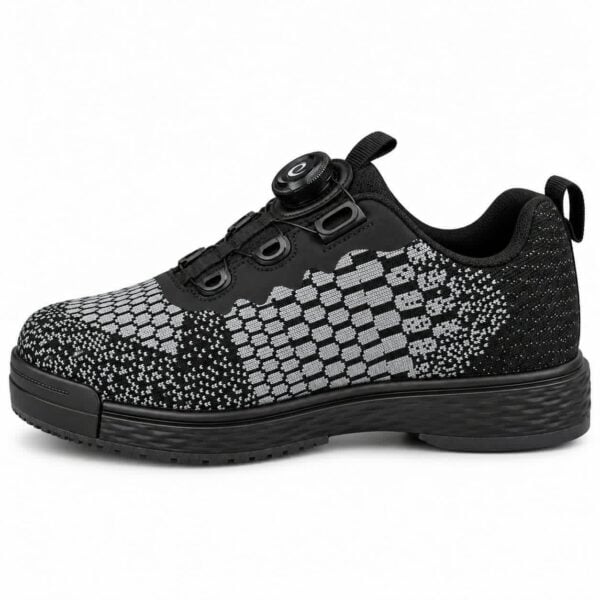 Side profile of an Epic Odin Dial Charcoal Knit right hand bowling shoe facing left, showing the knit pattern, the dial and the black outsole.
