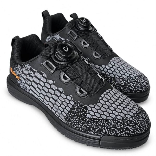 Pair of Epic Odin Dial Charcoal Knit right hand bowling shoes from the front three-quarter angle, showing both dial closures.