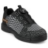 Epic Odin Dial Charcoal Knit right hand bowling shoe from the front three-quarter angle, logo side, showing the dial, cable guides and orange Epic logo.