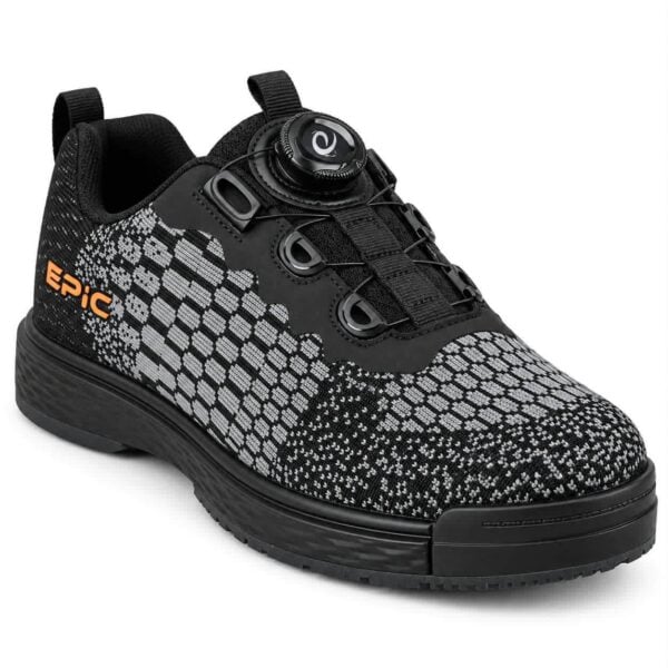 Epic Odin Dial Charcoal Knit right hand bowling shoe from the front three-quarter angle, logo side, showing the dial, cable guides and orange Epic logo.