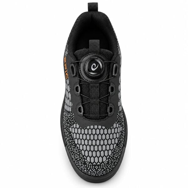 Epic Odin Dial Charcoal Knit right hand bowling shoe viewed toe-on from the front, showing the dial centered over the knit upper.
