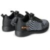 Pair of Epic Odin Dial Charcoal Knit right hand bowling shoes from the rear three-quarter angle, showing the heel pull tabs and the orange Epic logo.