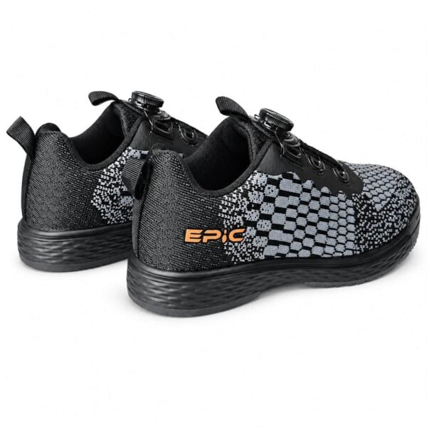 Pair of Epic Odin Dial Charcoal Knit right hand bowling shoes from the rear three-quarter angle, showing the heel pull tabs and the orange Epic logo.