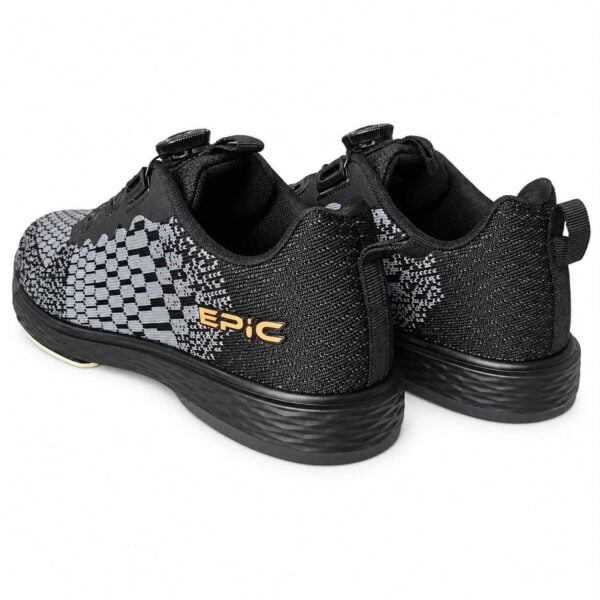 Pair of Epic Odin Dial Charcoal Knit right hand bowling shoes from the rear three-quarter angle, opposite side, showing the knit heel and slide sole edge.