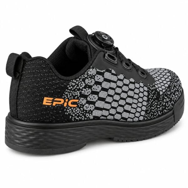Epic Odin Dial Charcoal Knit right hand bowling shoe from the rear three-quarter angle, showing the orange Epic logo and the black outsole.