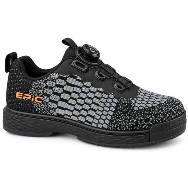 Epic Odin Dial Charcoal Knit right hand bowling shoe in a low side profile, showing the full length of the knit upper and outsole.