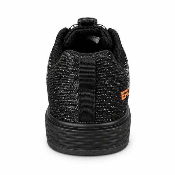 Heel view of an Epic Odin Dial Charcoal Knit right hand bowling shoe, showing the knit heel counter and pull tab.