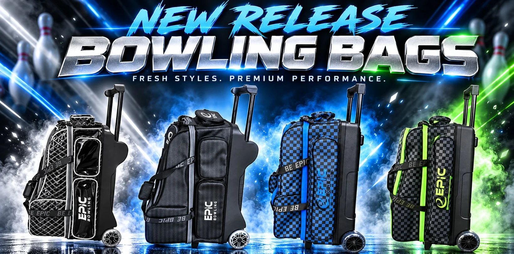 New release Epic Bowling roller bags in quilted black, black, blue checkered and green checkered